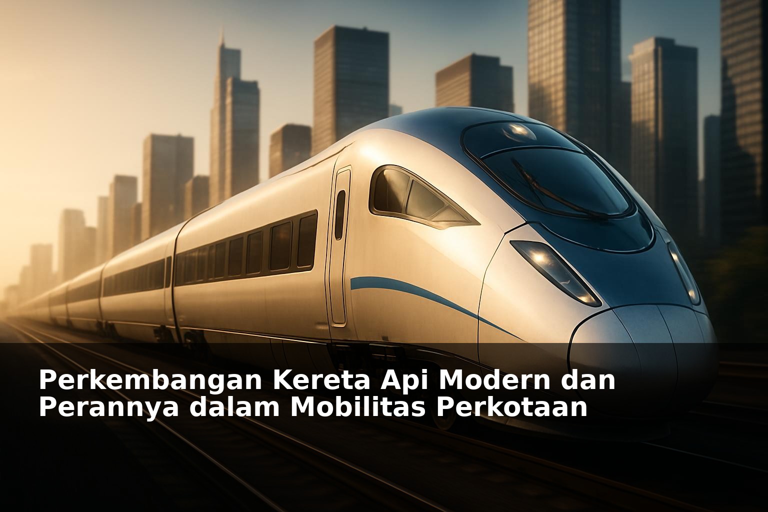 Kereta api modern melaju di jalur perkotaan dengan latar gedung tinggi