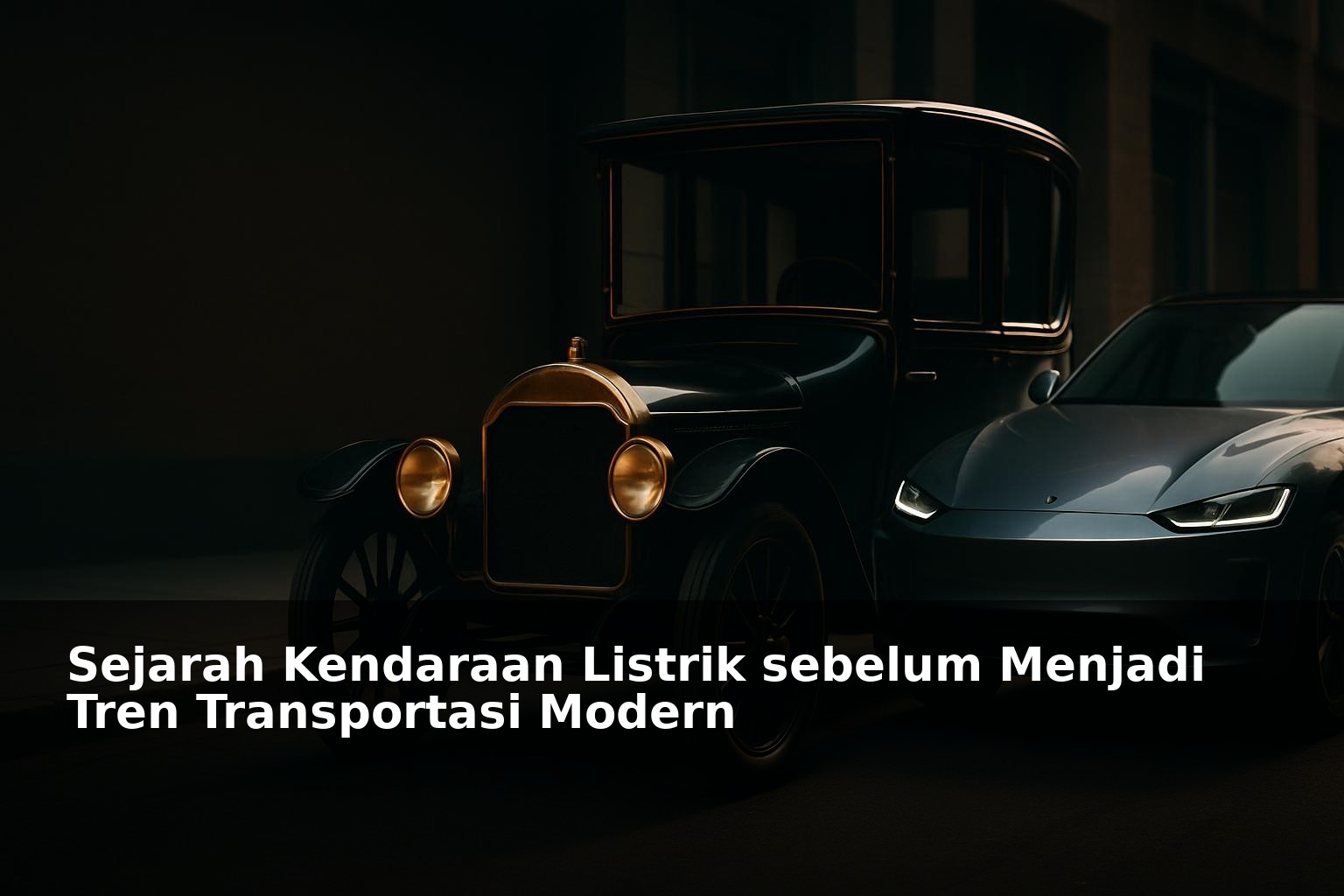 Ilustrasi kendaraan listrik klasik dan modern berdampingan di jalanan kota