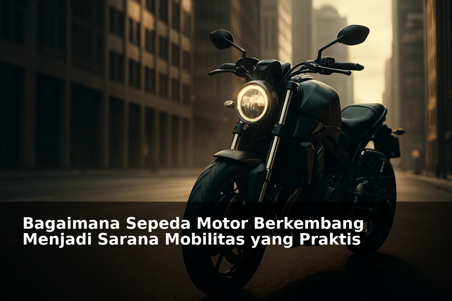 Sepeda motor modern melaju di jalan perkotaan dengan latar belakang gedung tinggi