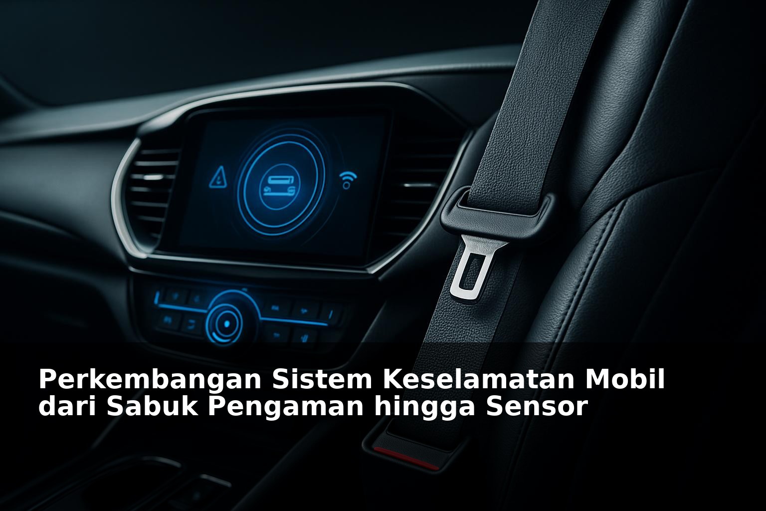 Ilustrasi sistem keselamatan mobil modern dengan sabuk pengaman dan sensor canggih