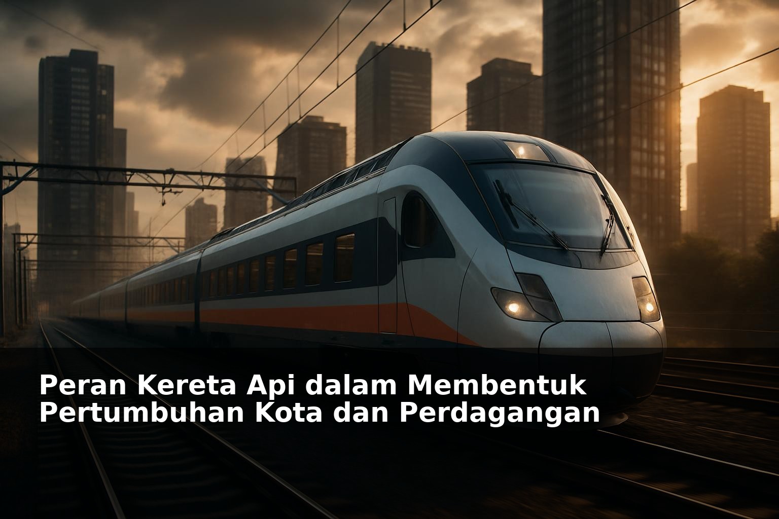Kereta api modern melintas di area perkotaan dengan latar gedung dan jalur rel yang terintegrasi