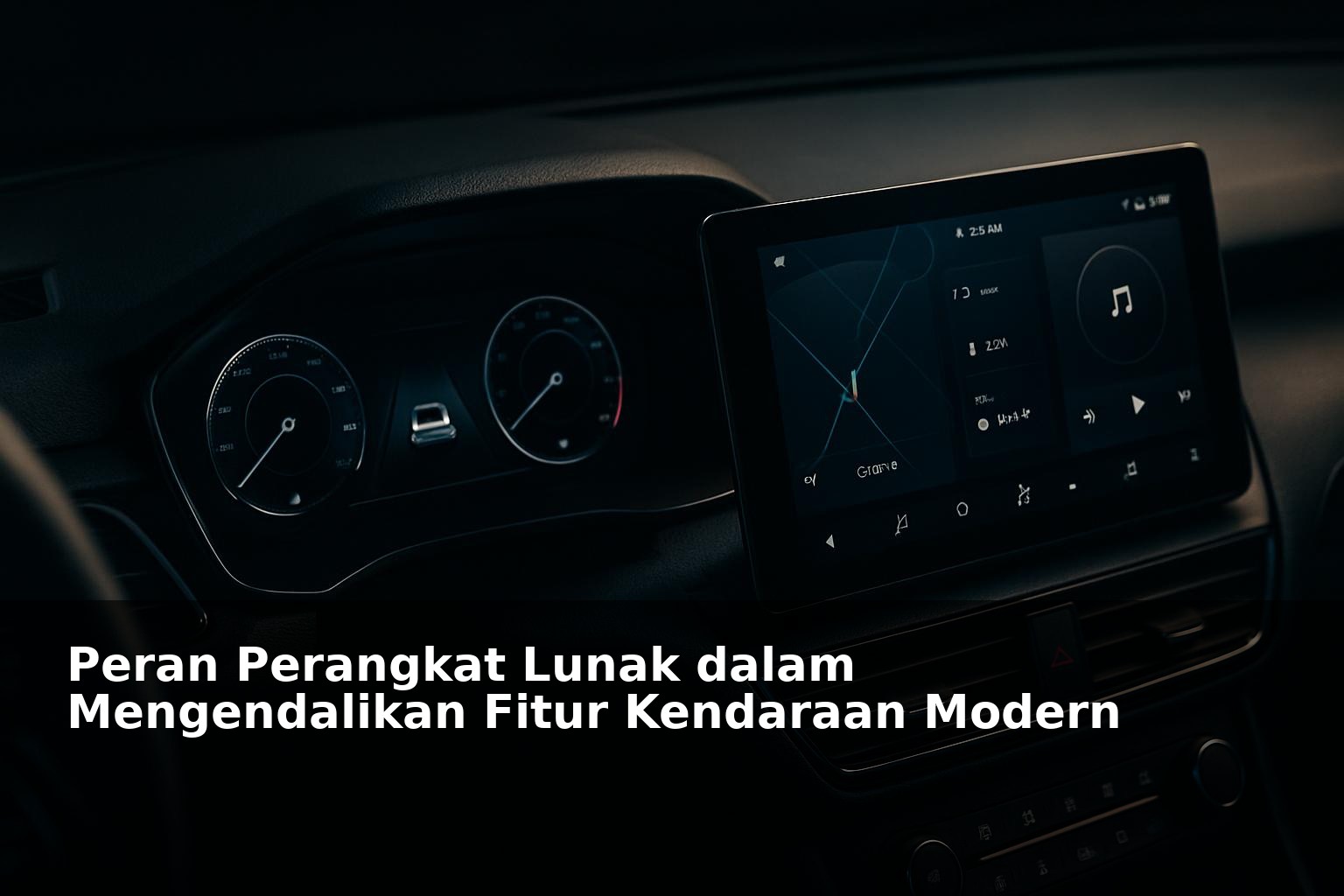 Ilustrasi perangkat lunak mengendalikan fitur kendaraan modern dengan tampilan dashboard digital