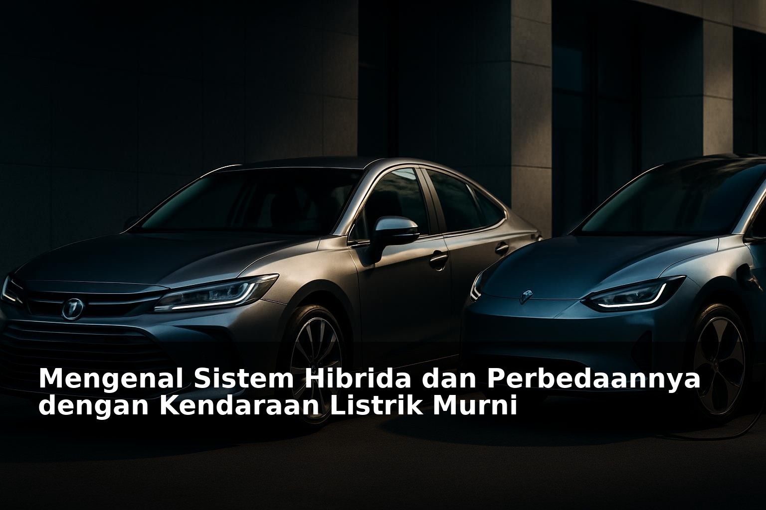 Ilustrasi kendaraan hibrida dan listrik dengan latar belakang teknologi modern