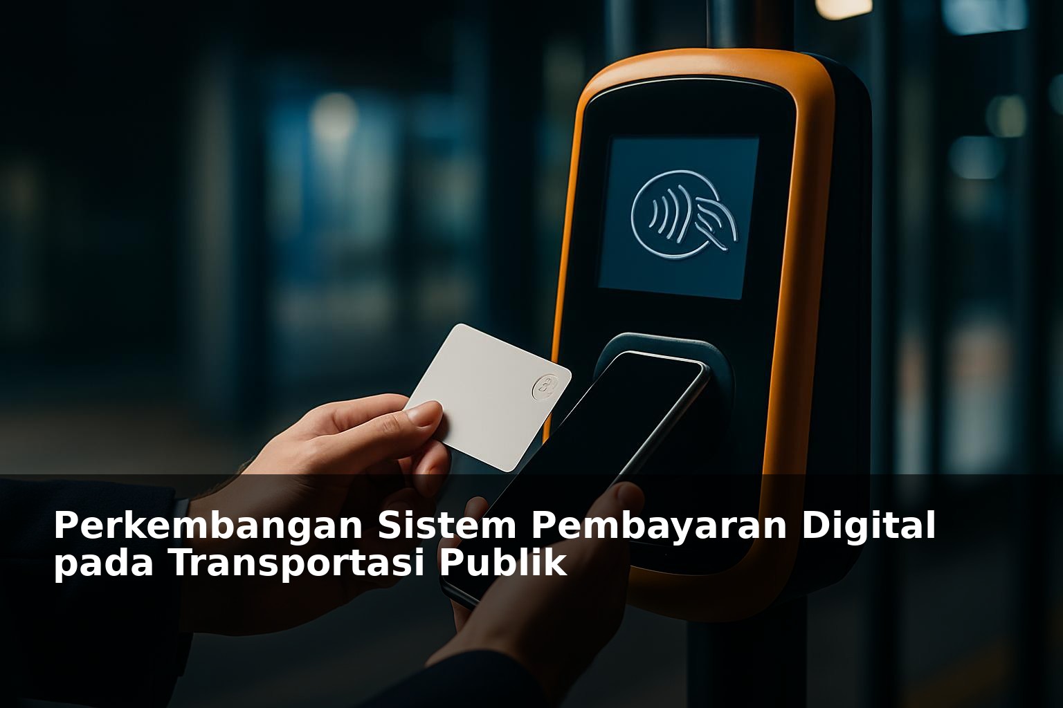 Ilustrasi sistem pembayaran digital pada transportasi publik dengan kartu elektronik dan smartphone