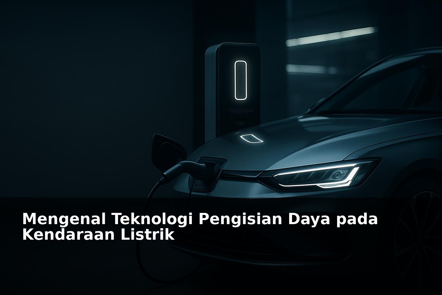 Ilustrasi teknologi pengisian daya pada kendaraan listrik di stasiun pengisian modern